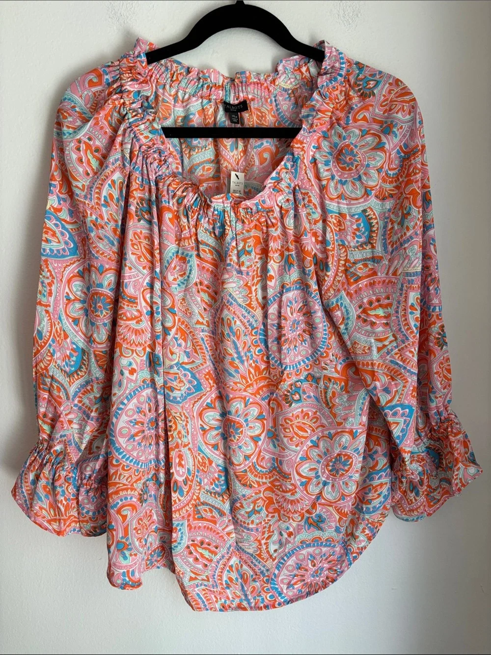 Talbots Women's Coral Paisley Peasant Blouse Ruffle 3/4 sleeve colorful fun XLP